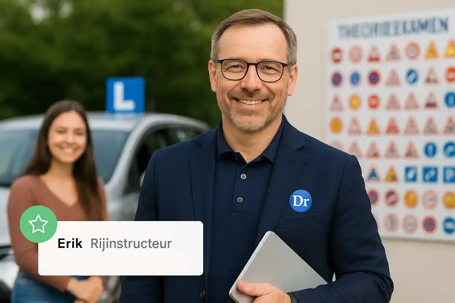 Rijinstructeur en leerling bij lesauto